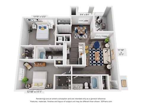 Floor plan for 2 beds, 2 baths, 1200 sqft
